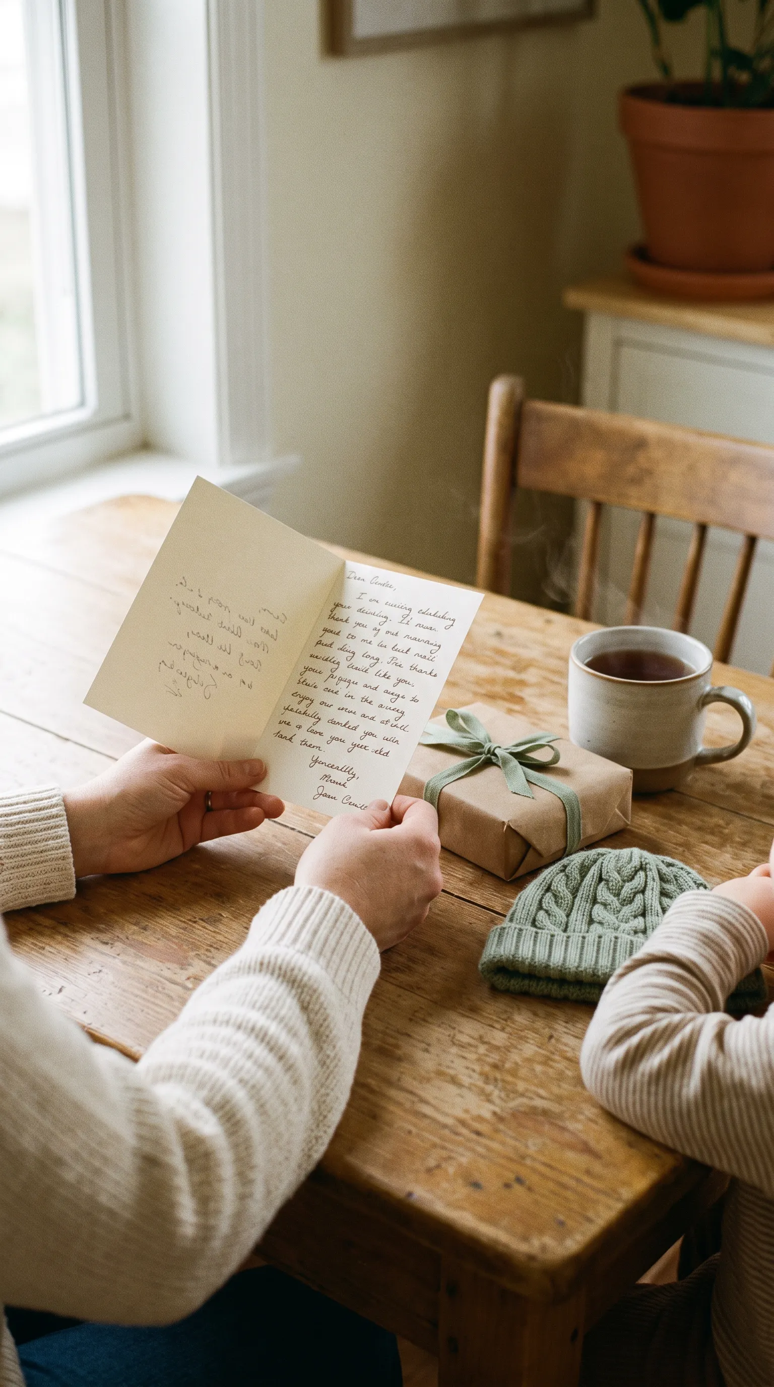 Hands holding a handwritten card next to a small wrapped present