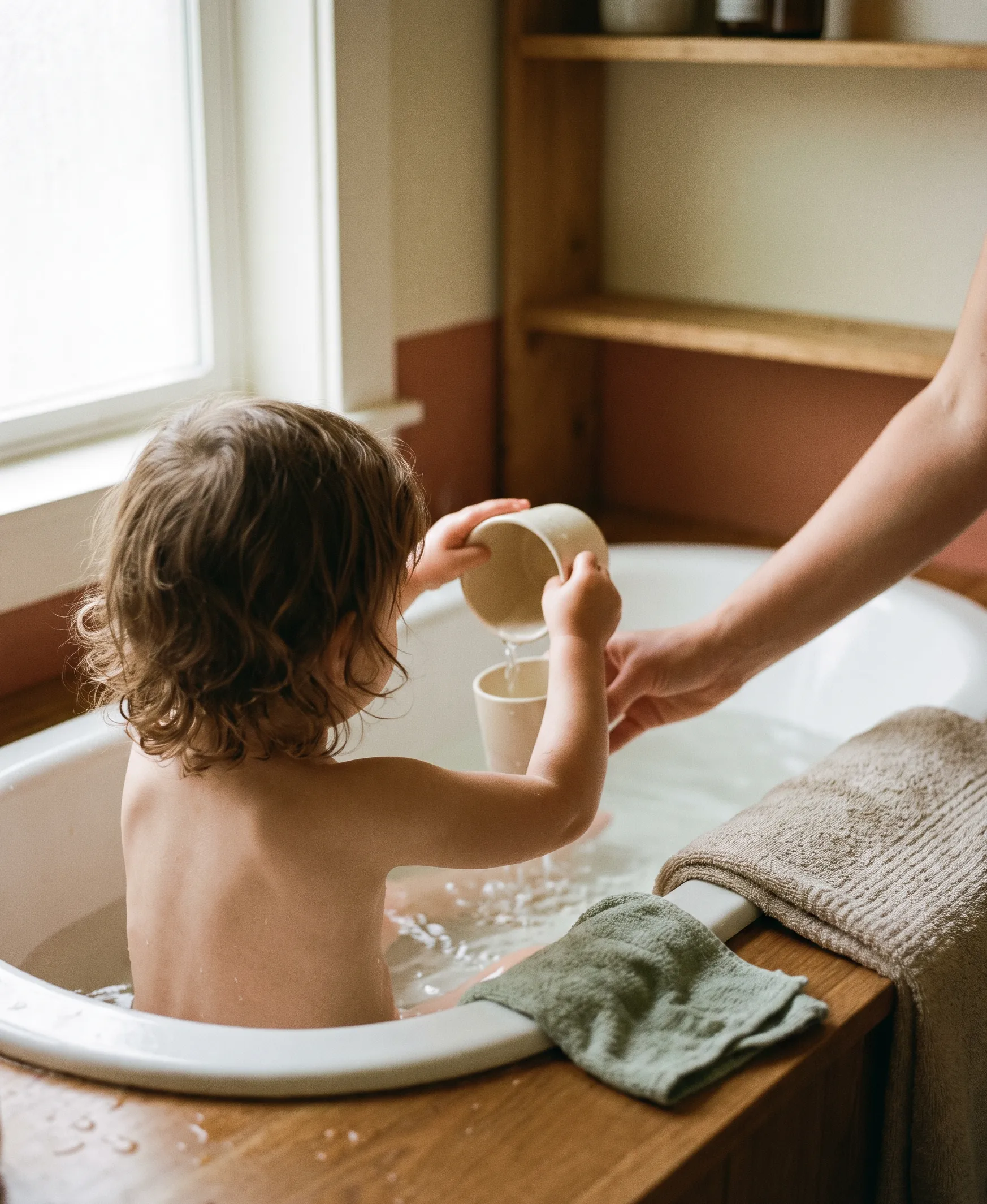 A toddler pouring water between cups in the bath