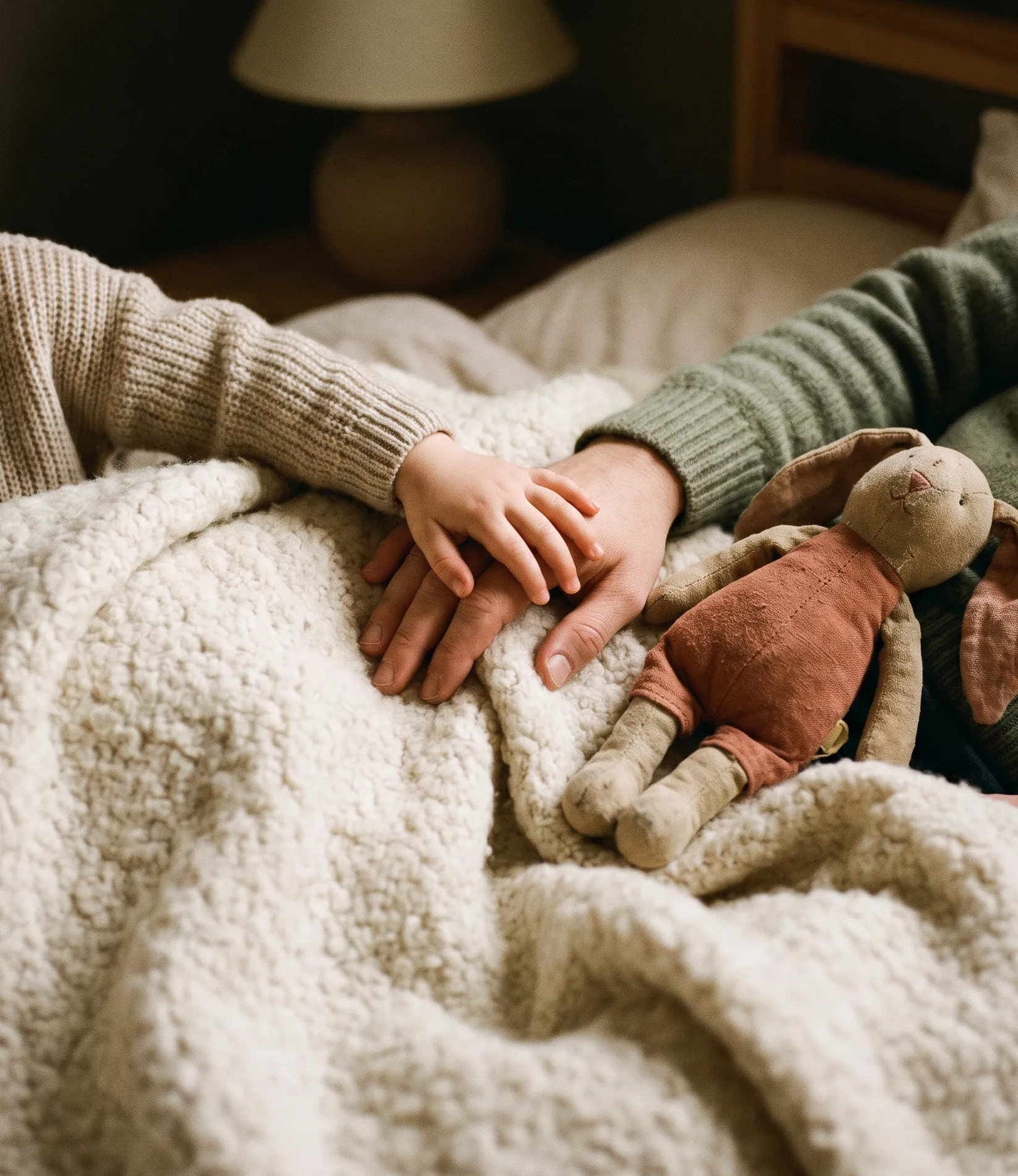 A toddler’s hand resting on an adult’s hand on a knitted blanket