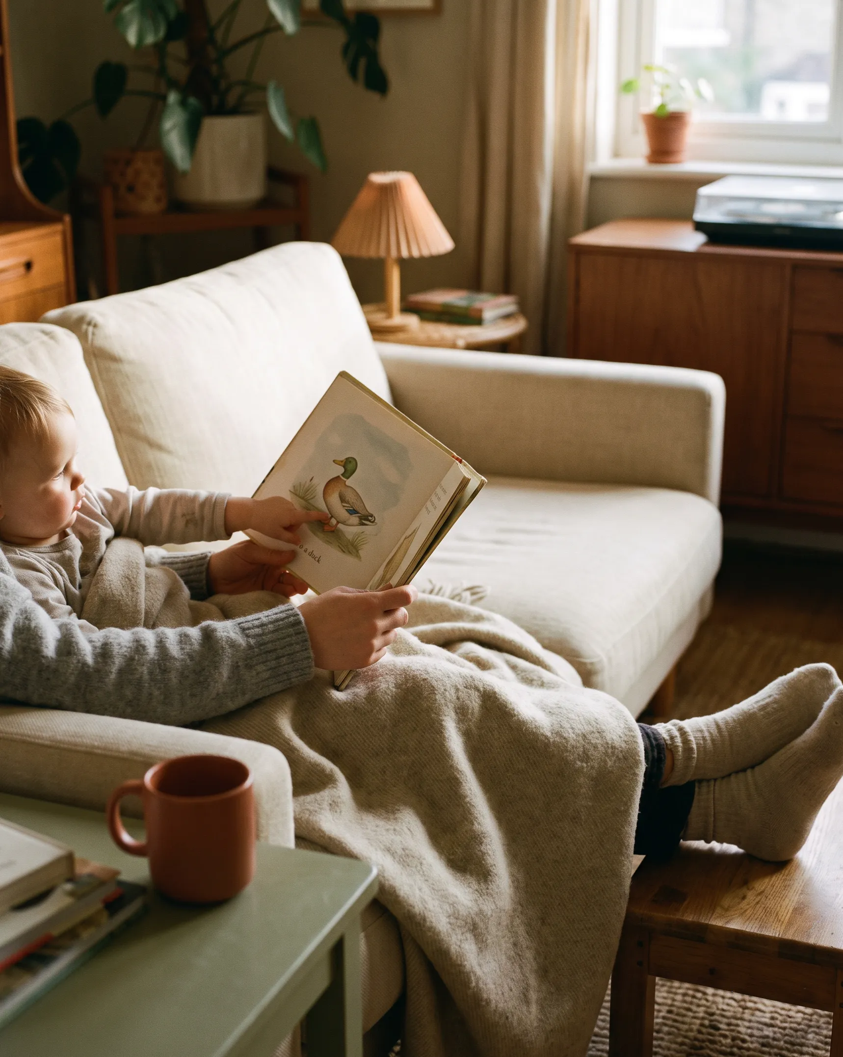 A toddler pointing at a picture book on an adult’s lap