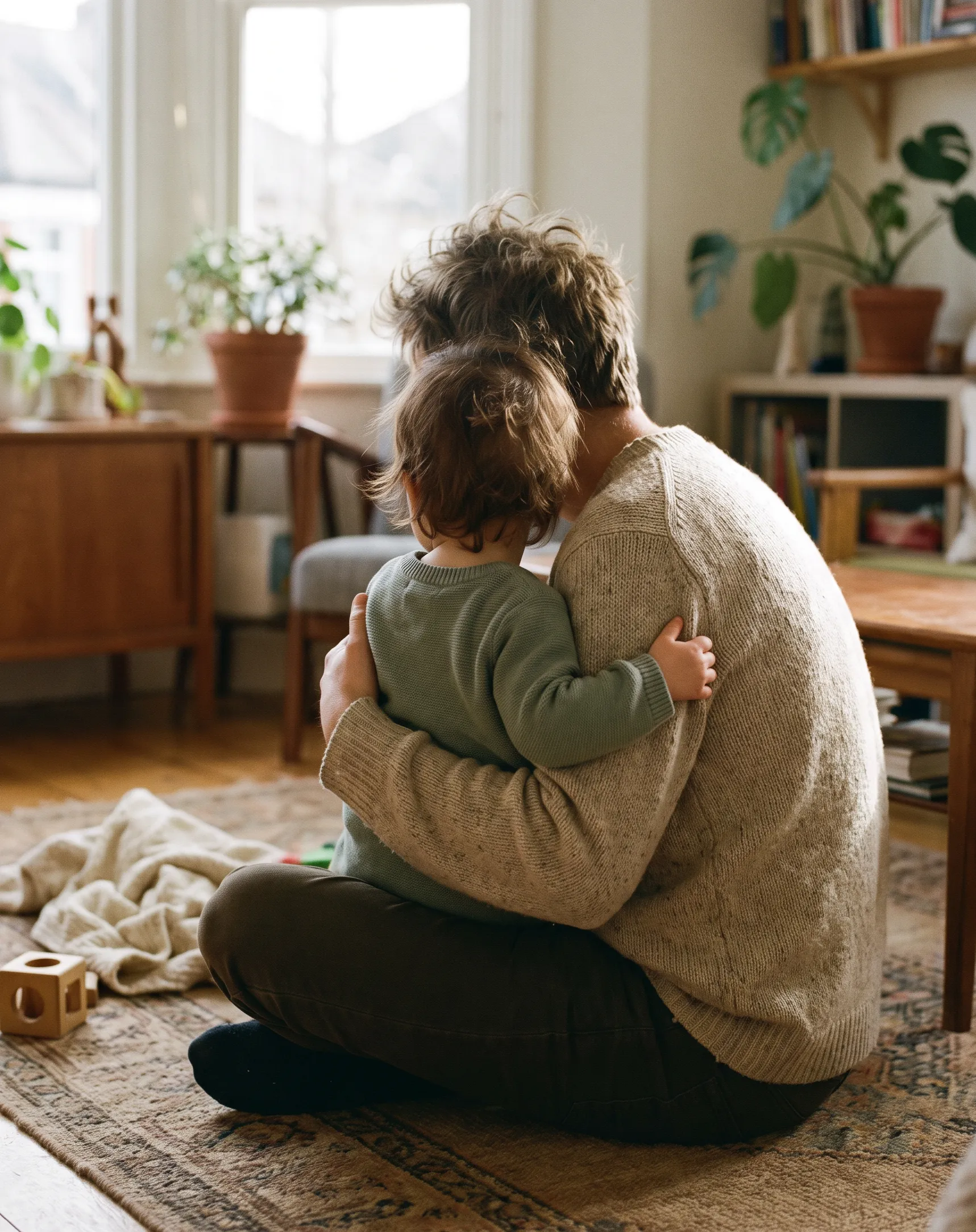A parent holding a toddler close in a calm hug on the living room floor