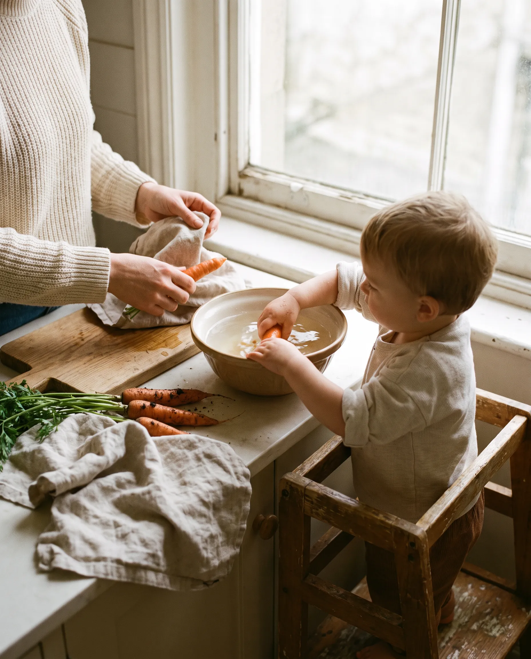 A toddler washing vegetables at the kitchen counter beside an adult