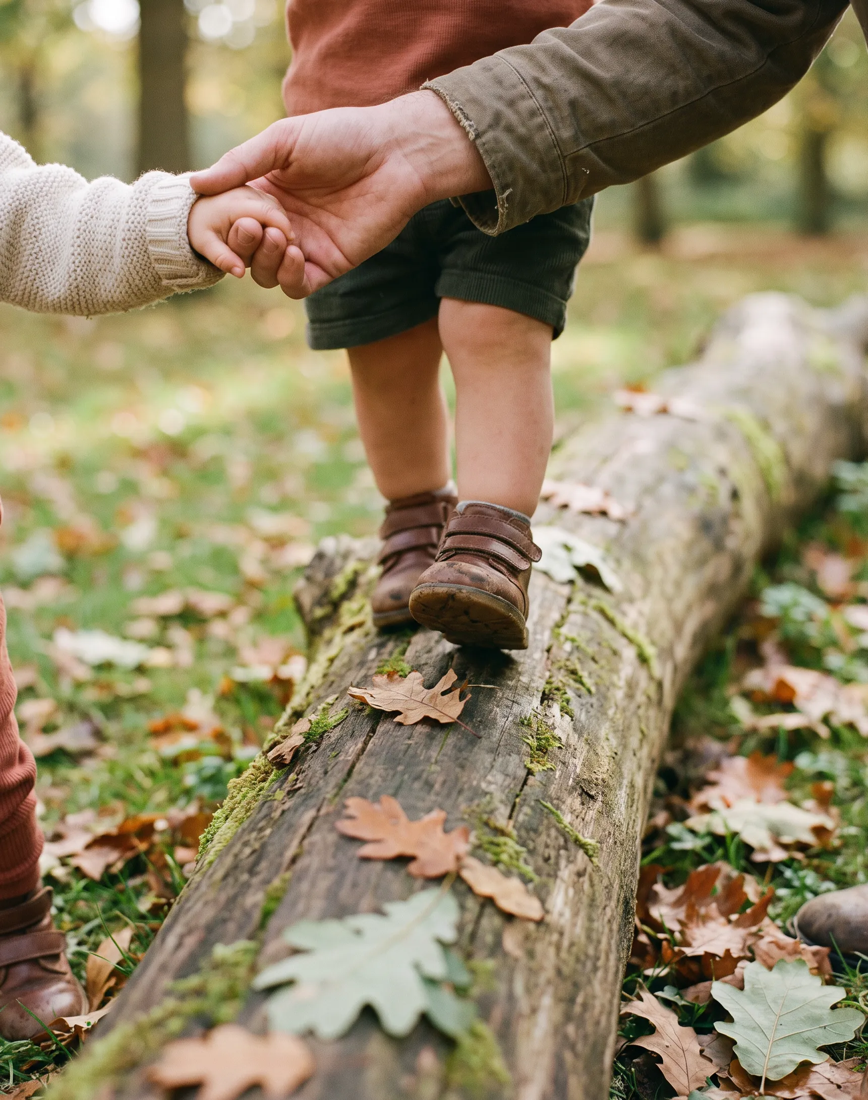 A toddler walking along a fallen log holding an adult’s hand