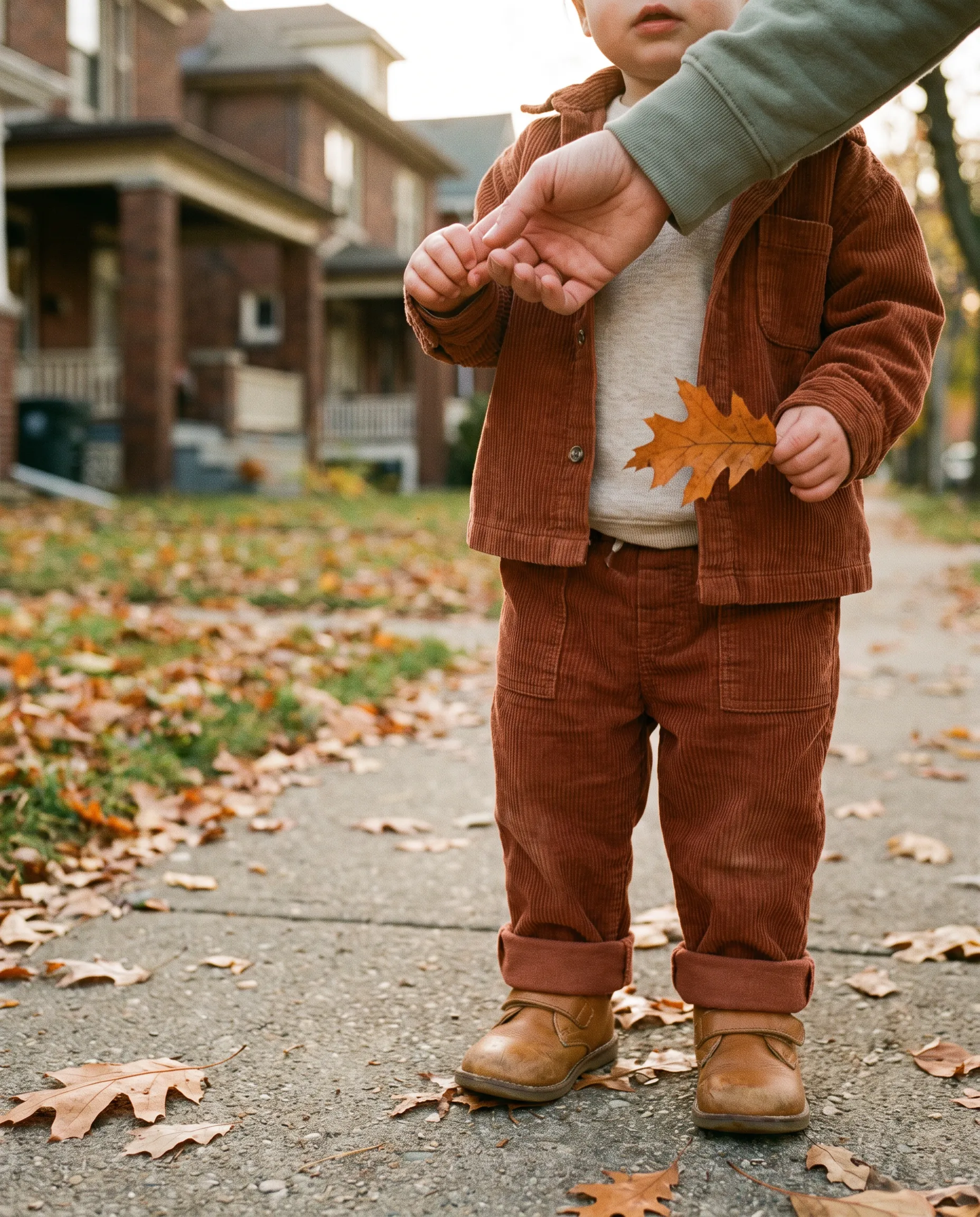 A toddler holding an adult’s finger and an orange leaf on an autumn walk